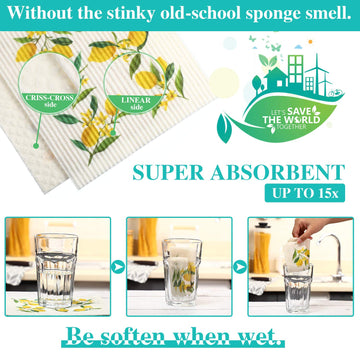 Boao Set Of 6 Lemon Swedish Kitchen Dishcloths Cleaning Cloths Absorbent Cloth No Odor Reusable Dish Towel For Kitchen, Hand, Counter Wipes