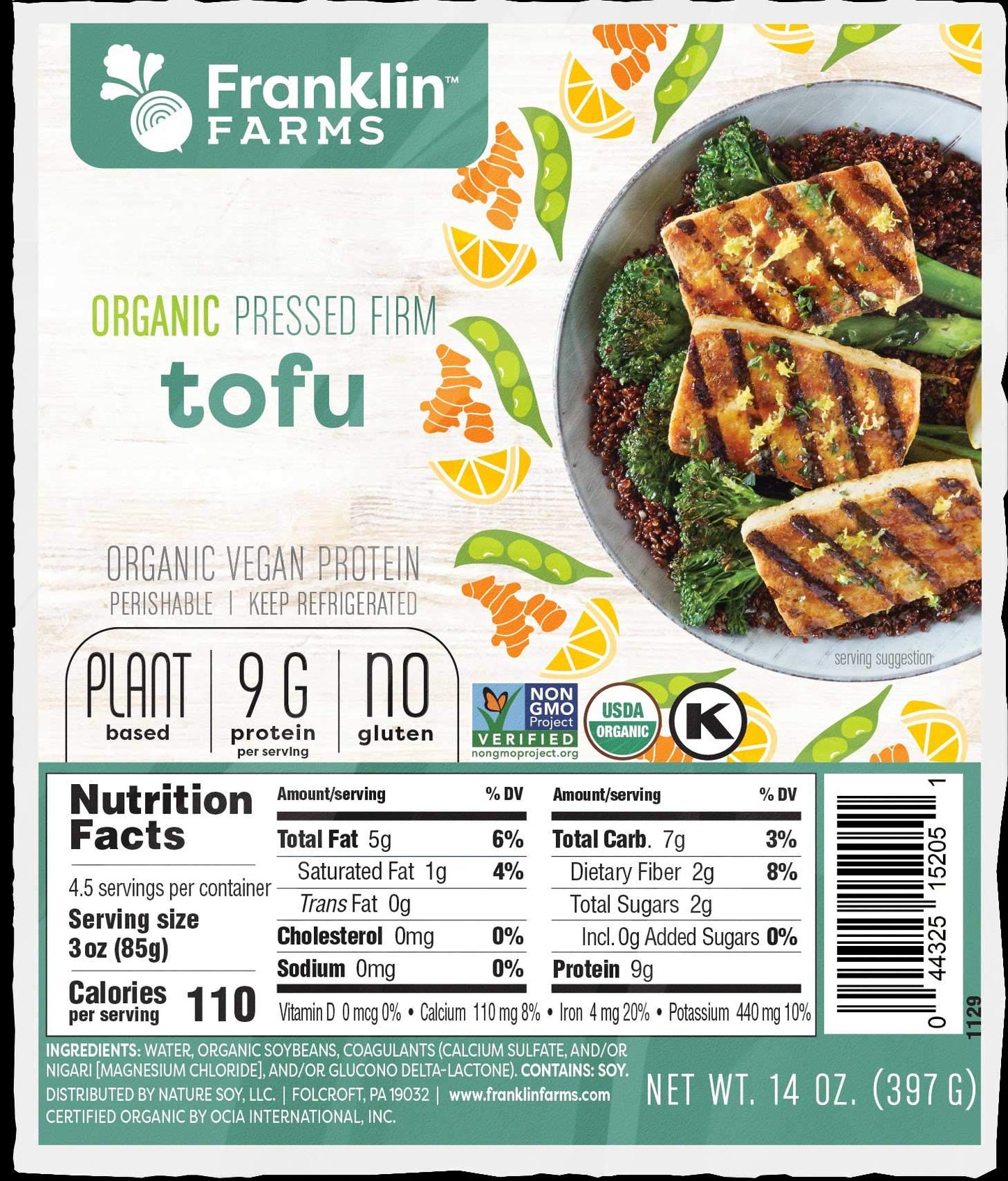 Franklin Farms Organic Firm Pressed Tofu - Vacuum Pack, 14 Ounce -- 6 per case.