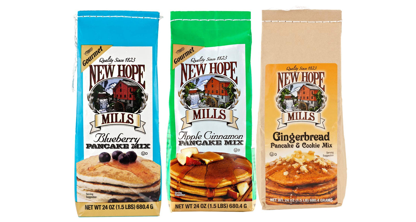 New Hope Mills Blueberry, Apple Cinammon & Gingerbread Pancake Mix Variety 3-Pack