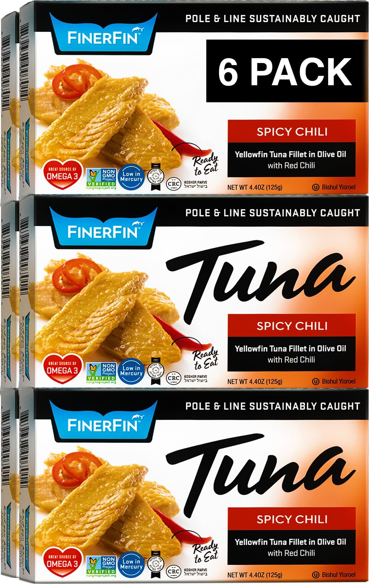 Finerfin Yellowfin Tuna Fillets In Organic Olive Oil - Spicy Chili Flavor (4.4Oz Can - 6 Pack); Top-Grade Canned Fish With Evoo Keto Friendly Gourmet Ready-To-Eat Fillets Pole & Line Caught