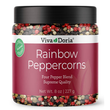 Viva Doria Rainbow Blend Peppercorn, Steam Sterilized Whole Black Pepper, Whole Green Pepper, Whole Pink Pepper, Whole White Pepper, 8 Oz, For Grinder Refills