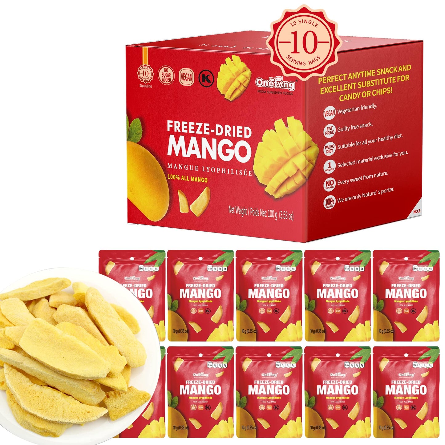 Onetang Freeze-Dried Fruit Mango Chips, 10 Pack Single-Serve Pack, Non Gmo, Kosher, No Add Sugar, Gluten Free, Vegan, Holiday Gifts, Healthy Snack 0.35 Ounce