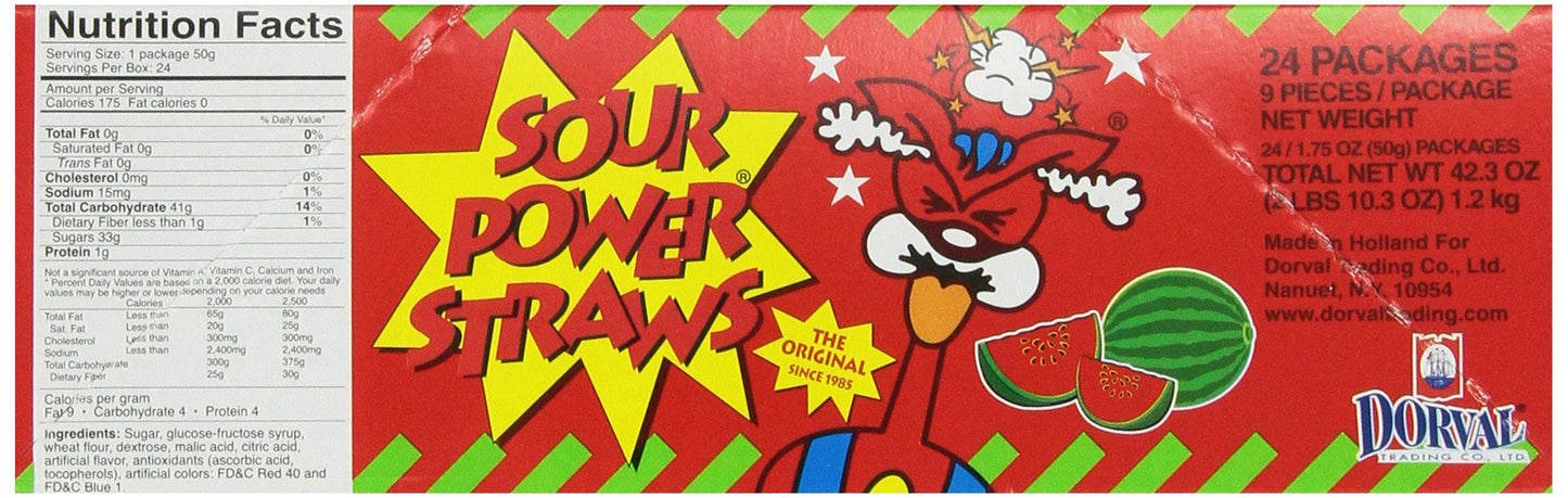Sour Power Candy Straws, Watermelon, 1.75 Ounce, Pack Of 24