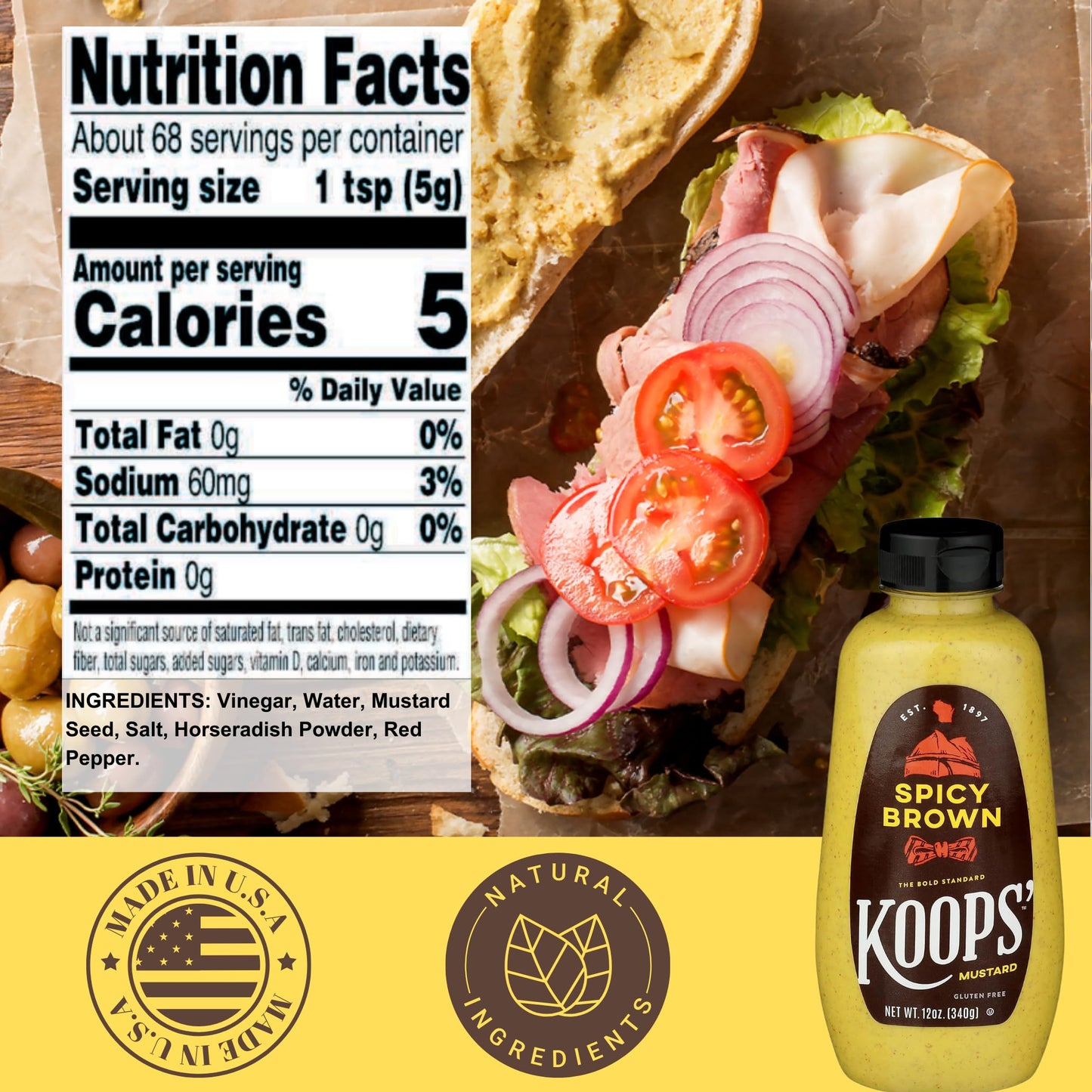 Koops' Spicy Brown Mustard - Spicy Mustard, Gluten-Free, Kosher, Made in USA, From Quality Mustard Seeds, Delicious and Bold Fla