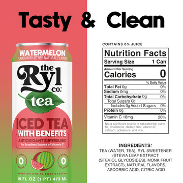 Ryl Iced Tea, Watermelon, Antioxidant Superblend, Zero Sugar, Low Carb, Zero Calorie Iced Tea, 16.0 Fl Oz (12-Pack)