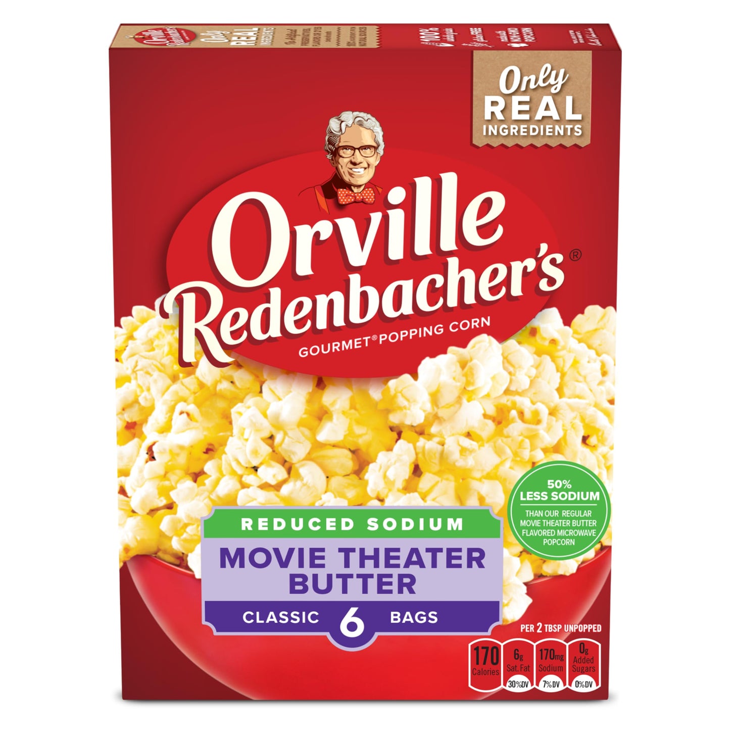 Orville Redenbachers Microwave Popcorn, Reduced Sodium Movie Theater Butter Flavor, 3g Fiber Per Serving, 19.74 oz., 6-Count