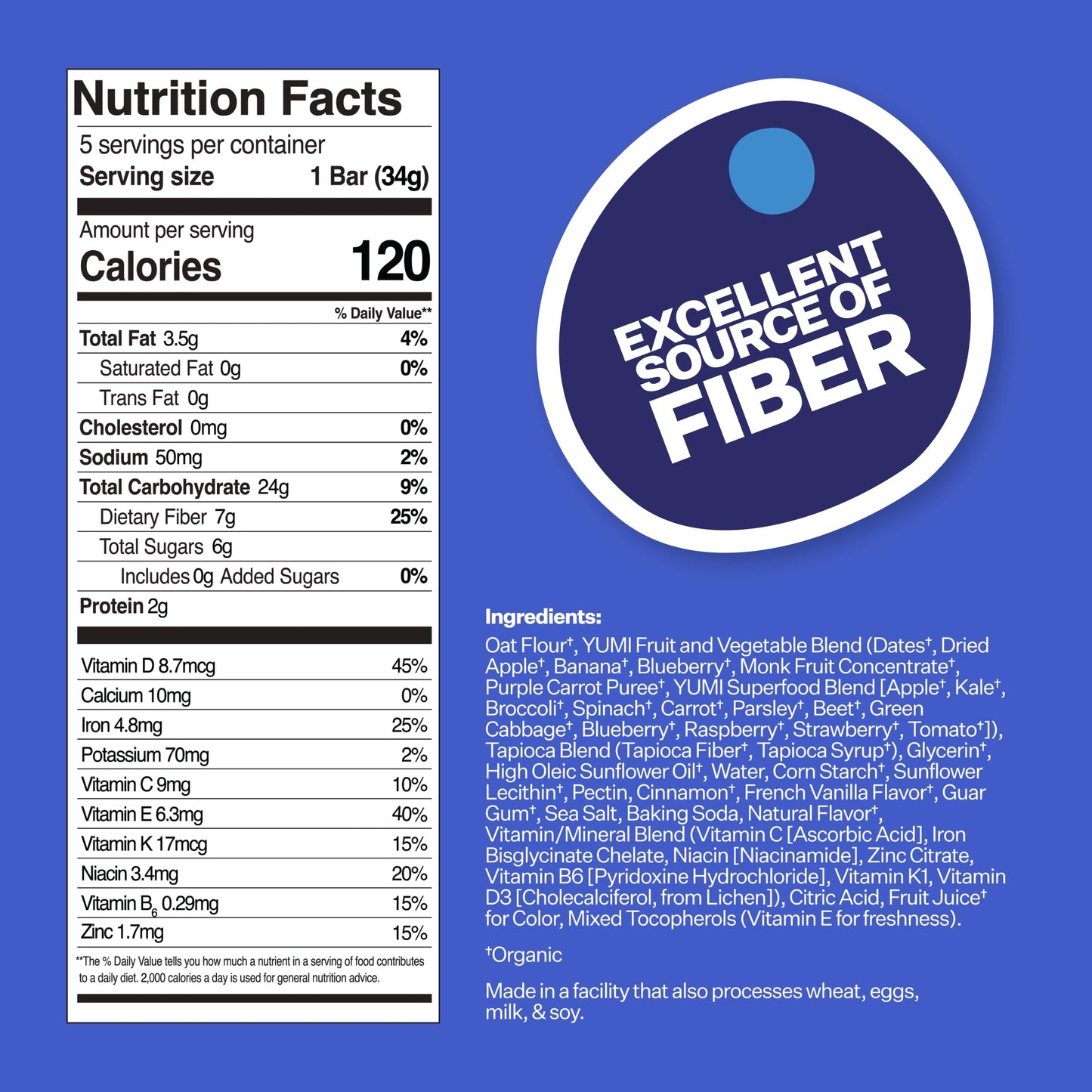 YUMI Organic Breakfast Superbar, Gluten-Free, No Added Sugar, 7+ Vegetables, Soft-Baked Crust, Healthy Snack Bars for Kids, Scho