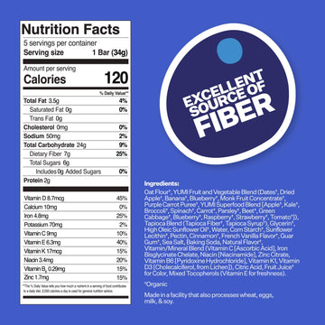 YUMI Organic Breakfast Superbar, Gluten-Free, No Added Sugar, 7+ Vegetables, Soft-Baked Crust, Healthy Snack Bars for Kids, Scho