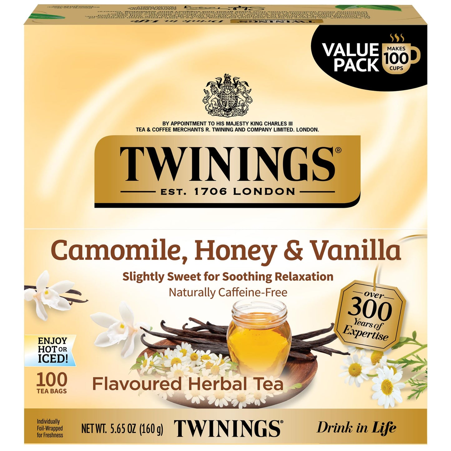 Twinings Camomile Honey & Vanilla Herbal Tea Individually Wrapped Bags 100 Count (Pack Of 1) Naturally Energy Blend-Free Enjoy Hot Or Iced 100 Teabags