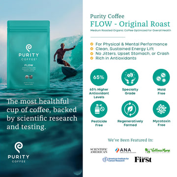 Purity Coffee Flow Original Medium Roast Ground Coffee For Focus And Clean Energy - Usda Organic And Third-Party Tested For Anti