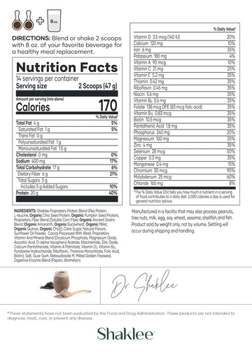 Shaklee Life Shake Plant Protein Rich Chocolate - Complete Meal Replacement with 20g Protein, 6g Fiber, 24 Vitamins & Minerals -