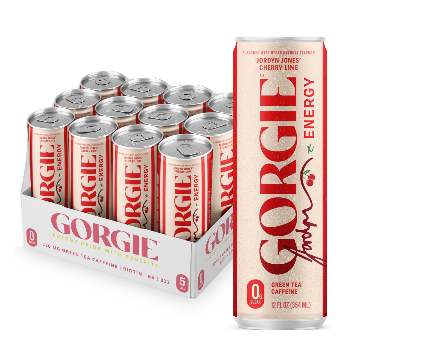 GORGIE Cherry Lime Sparkling Energy Drink, Sugar-Free, Green Tea, 150mg Caffeine, Vegan, Low Calorie, Pack of 12
