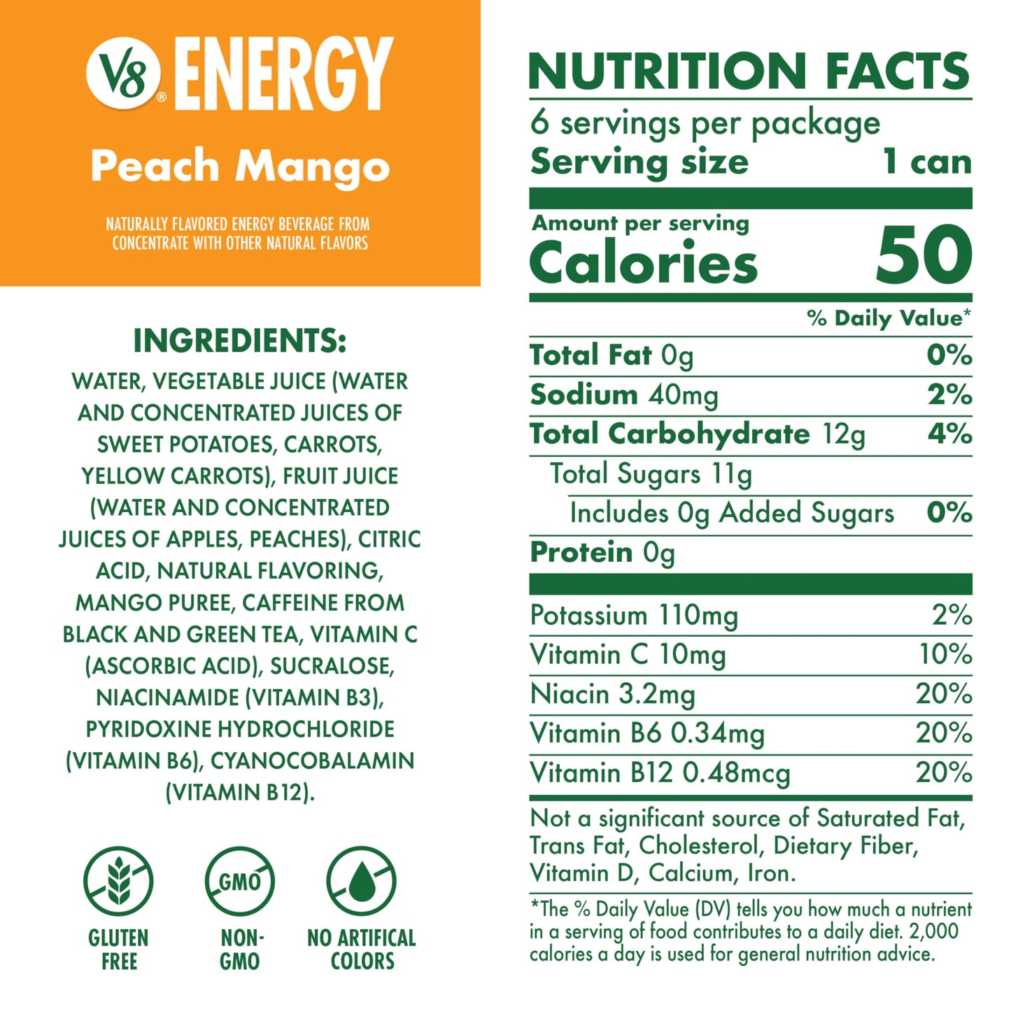 V8 Energy Peach Mango Drink, 8 fl oz Can, Pack of 24, Model 200000019625