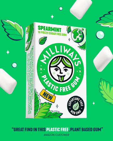 Milliways Spearmint | Plastic Free Gum | Xylitol Aspartame-Free Sugar-Free Plant-Based Natural Chewing Gum | 120 Pieces Total (12 Packs of 10 Pieces)