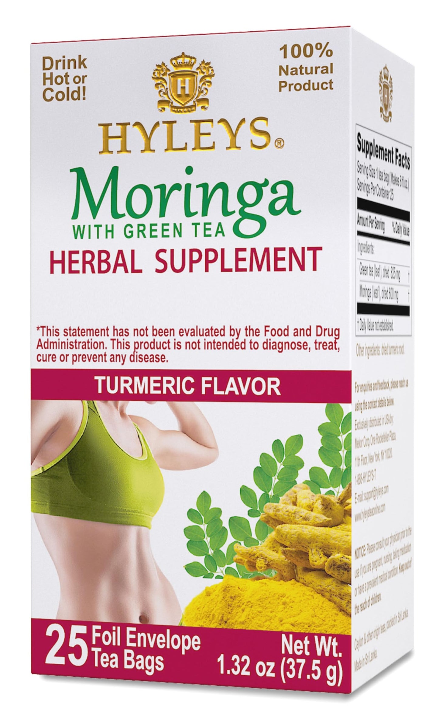Hyleys Moringa Oleifera And Green Tea Turmeric Flavor - 25 Tea Bags - Superfood Effectivetree Tea With Dried Moringa Oleifera Leaves