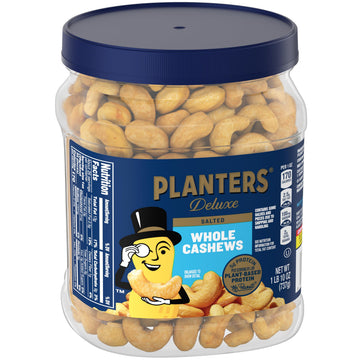 PLANTERS Whole Cashews, Sea Salt, Resealable Jar, Party Snacks, Plant-Based Protein, Quick Snack for Adults, After School Snack,
