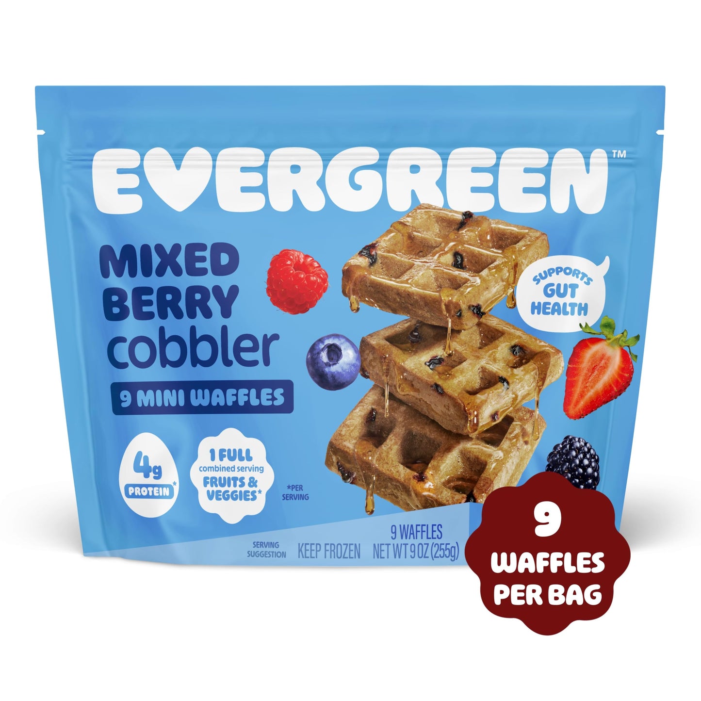 Evergreen Mixed Berry Cobbler Waffles, 100% Whole Grain, 1 Full Combined Serving of Fruits & Veggies, No Refined Sugar, Supports