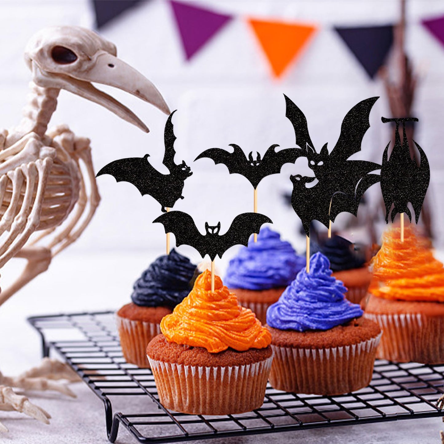 Ercadio 24 Pack Halloween Bat Cupcake Toppers Black Glitter Bat Cupcake Picks Halloween Cupcake Toppers For Halloween Themed Bab
