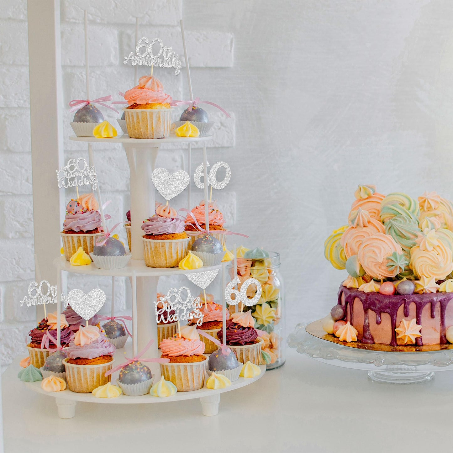 Gyufise 24Pcs 60Th Wedding Anniversary Cupcake Toppers Silver Glitter 60Th Diamond Wedding Anniversary Heart Cake Decoration For