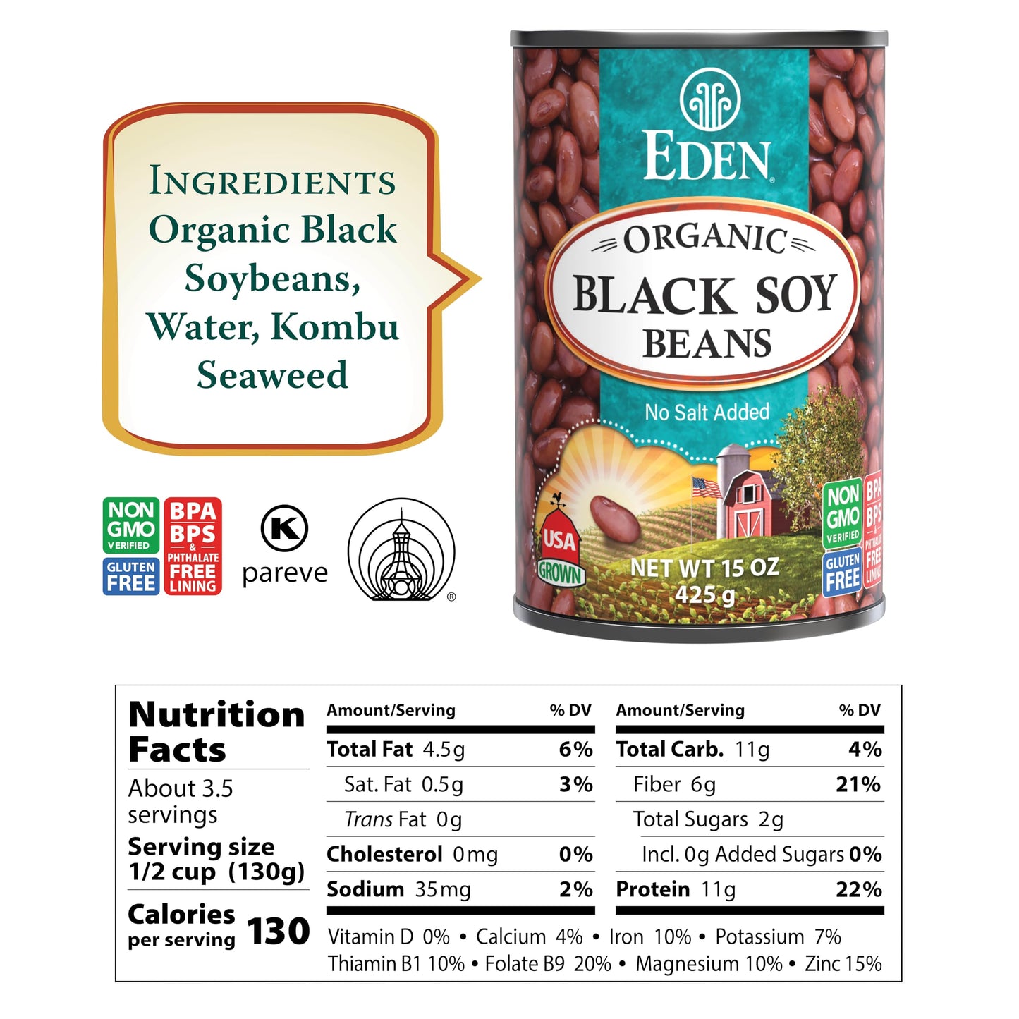 Eden Organic Black Soybeans, 15 oz Can (12-Pack), Non-GMO, Gluten Free, Vegan, Kosher, Complete Protein, U.S. Grown