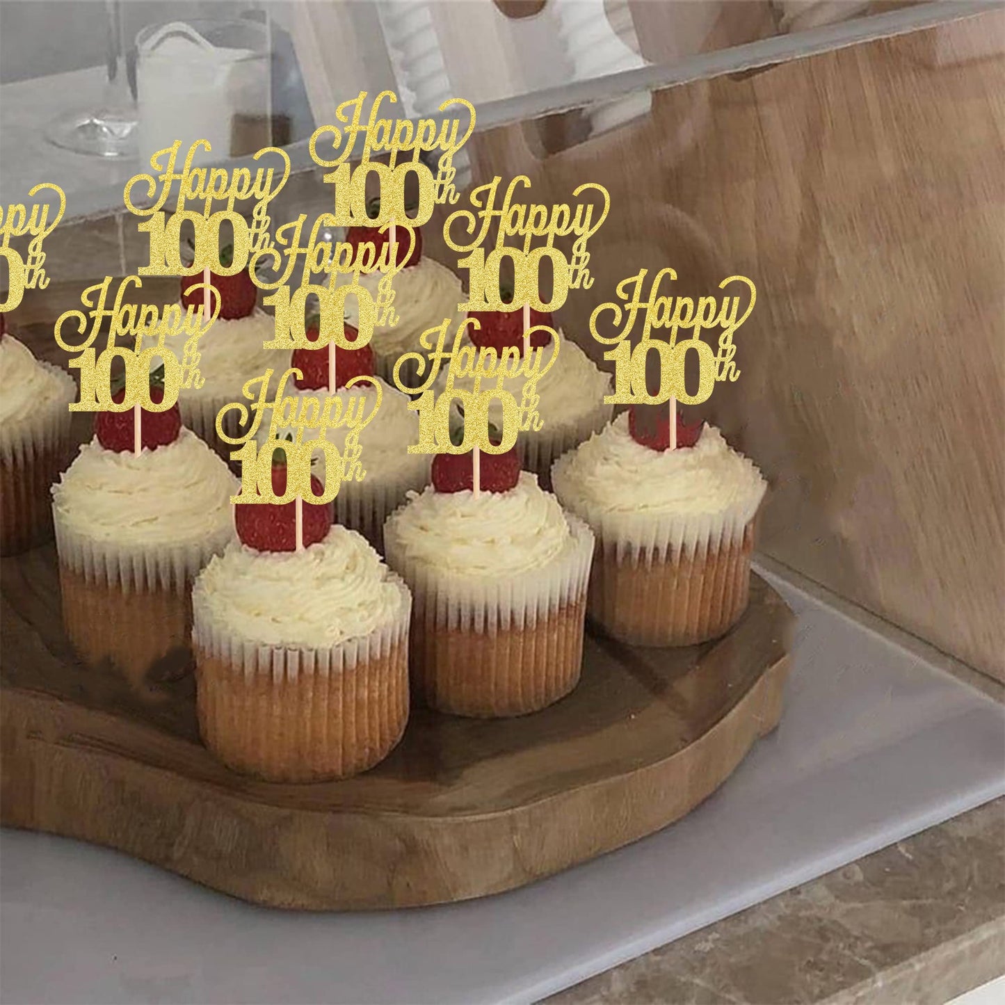 YCTHUNFISH Cupcake Toppers, 24 Pack, Glitter Number 100, Bamboo, Gold, Small, Cake Decorations for Birthday and Anniversary Parties