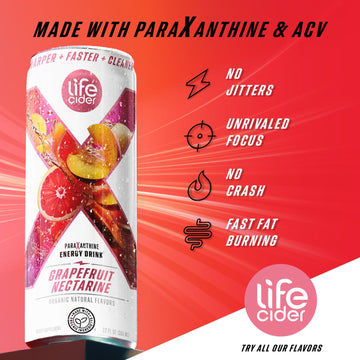LIFE CIDER Paraxanthine Energy Drink, Organic Apple Cider Vinegar, 12 fl oz Cans, 12 Pack, G fruit Nectarine Flavor