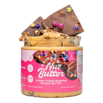 Rainbow Nut Butter Cosmic Fudge Brownie Peanut Butter Treat Chocolate, With Rich Chunks Of Brownie, Rainbow Sprinkles, And Velve