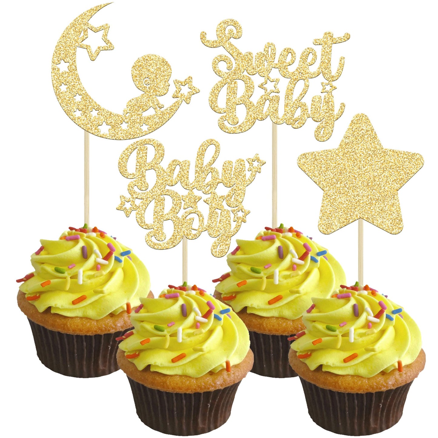 Gyufise 24Pcs Gold Baby Shower Boy Cupcake Toppers Glitter Star Moon Sweet Baby Cake Decorations Baby Boy Cupcake Picks For Baby Shower Boys Birthday Party Decorations Supplies