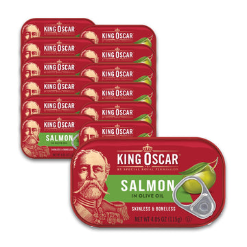 King Oscar Premium Salmon in Olive Oil, 4.05-Ounce Cans (Pack of 12, Packaging May Vary), Skinless & Boneless Salmon