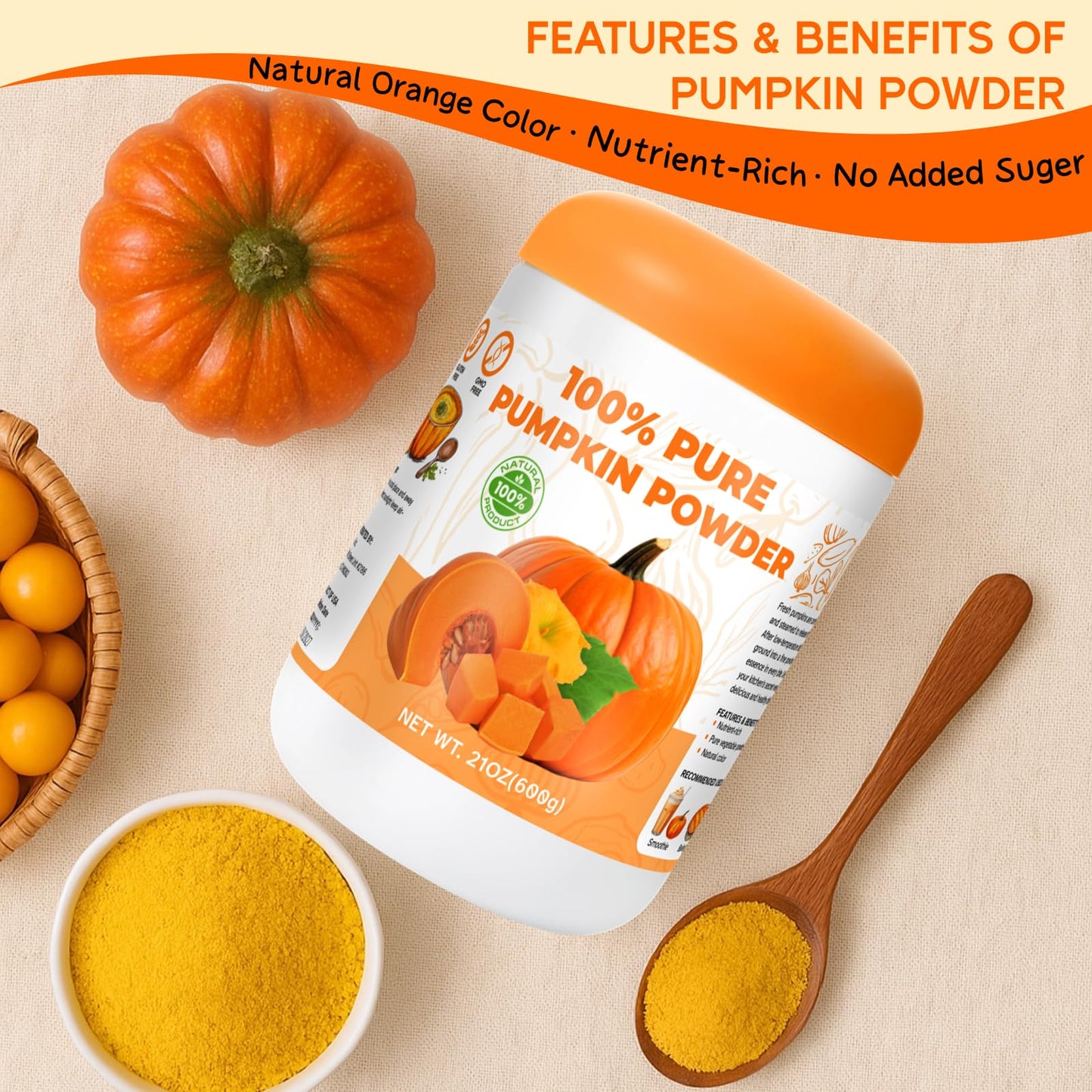 Gephron 21OZ Natural Pumpkin Powder - 100% Pure, No Added Sugar, High in Fibre, Ideal for Juices, Smoothies, Baking, and Soups