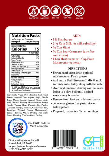 Moms Place Gluten-Free & Dairy Free Beef Stroganoff Mix, Vegan, Nut Free, & Soy Free, 2.6 Oz.