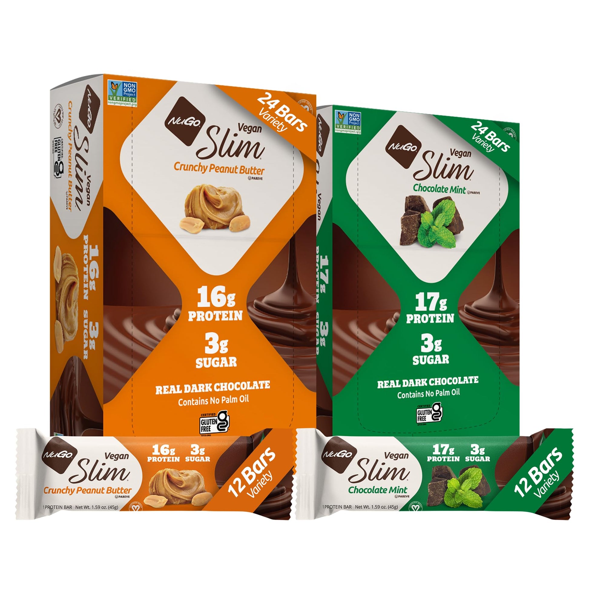 NuGo Slim Vegan Variety - Crunchy Peanut Butter 12 bars & Chocolate Mint 12 bars, Low Net Carb, Keto Friendly, 16-17g Plant Base