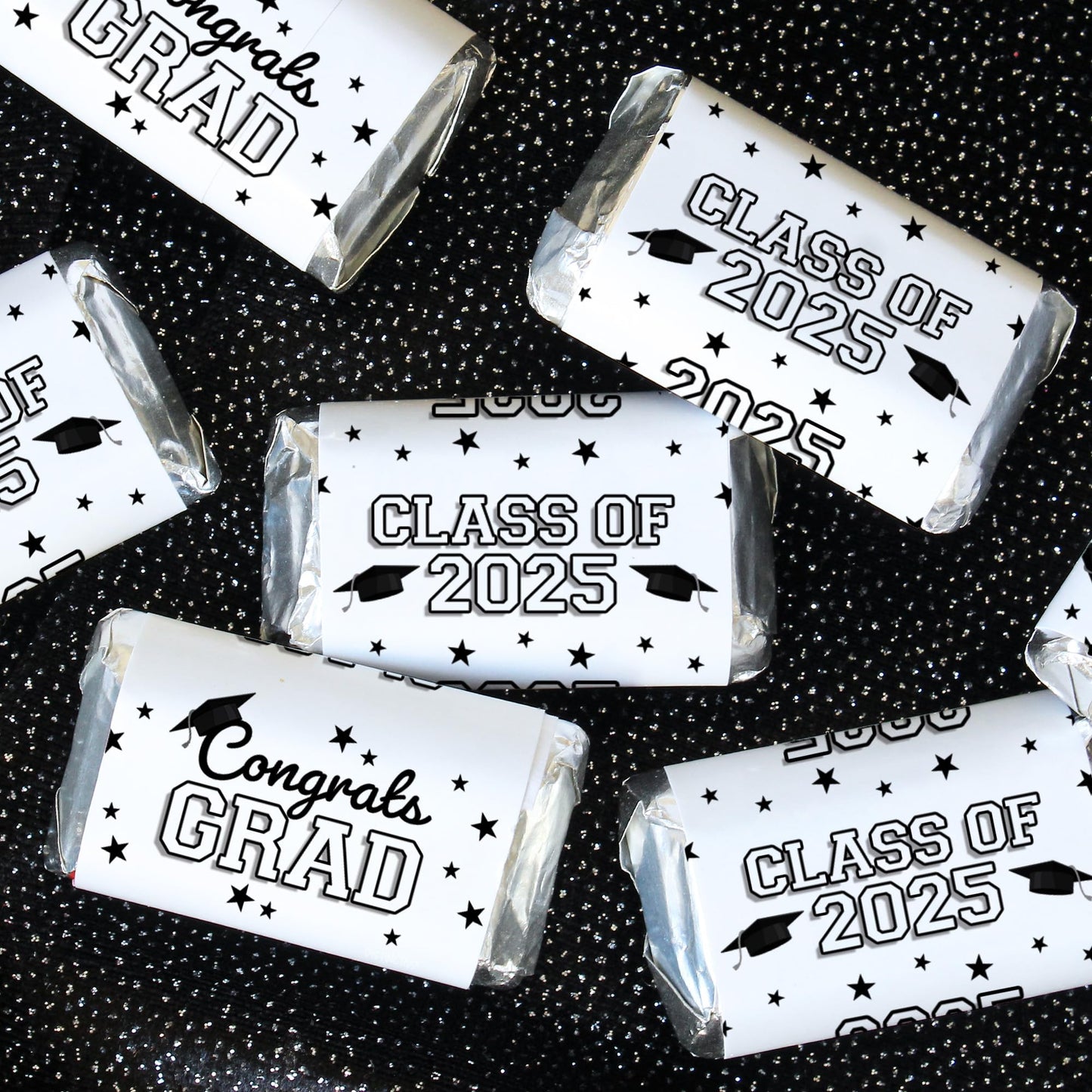 DISTINCTIVS Graduation Party Favor Stickers, Class of 2025, Candy Wrappers for Miniature Candies, 45 Count, White