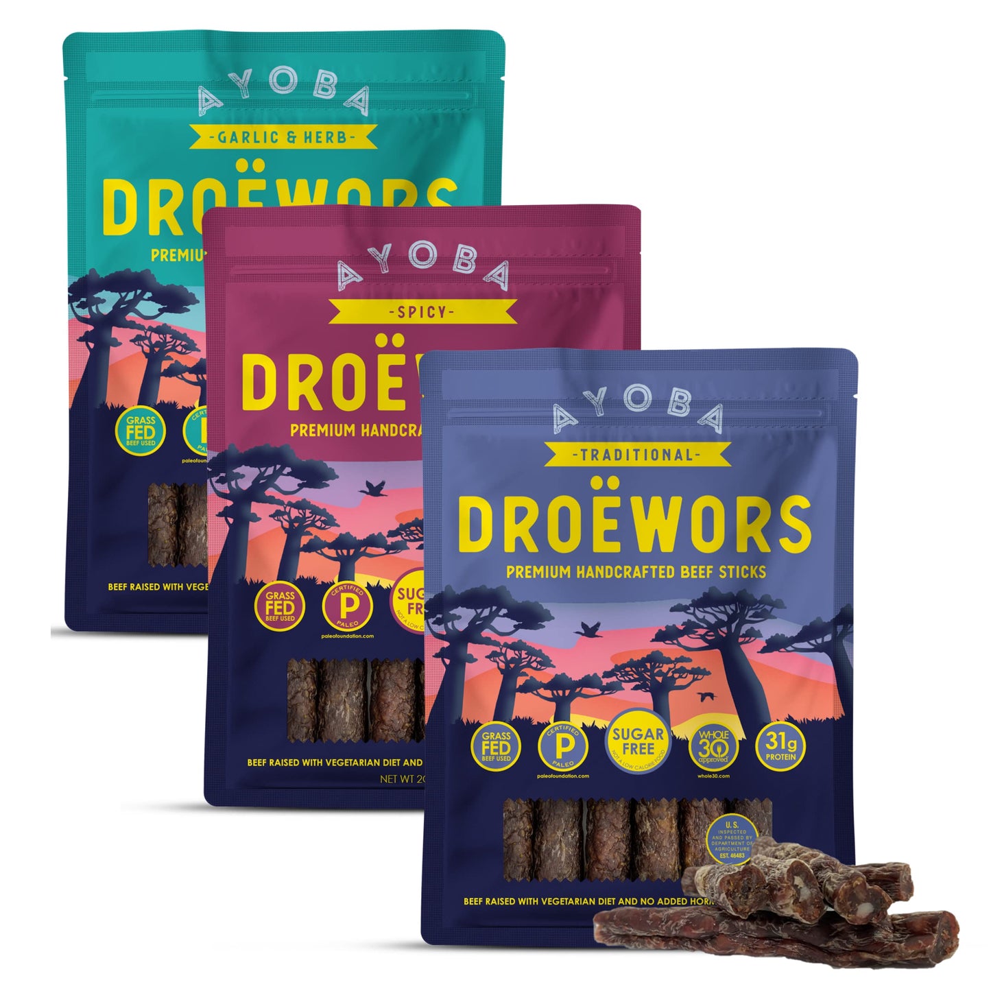 Ayoba Droewors Grass Fed Beef Paleo Sticks Variety Pack (2 Ounce, Pack Of 3) Keto Friendly Air-Dried Grass Fed Beef Snack - Glut