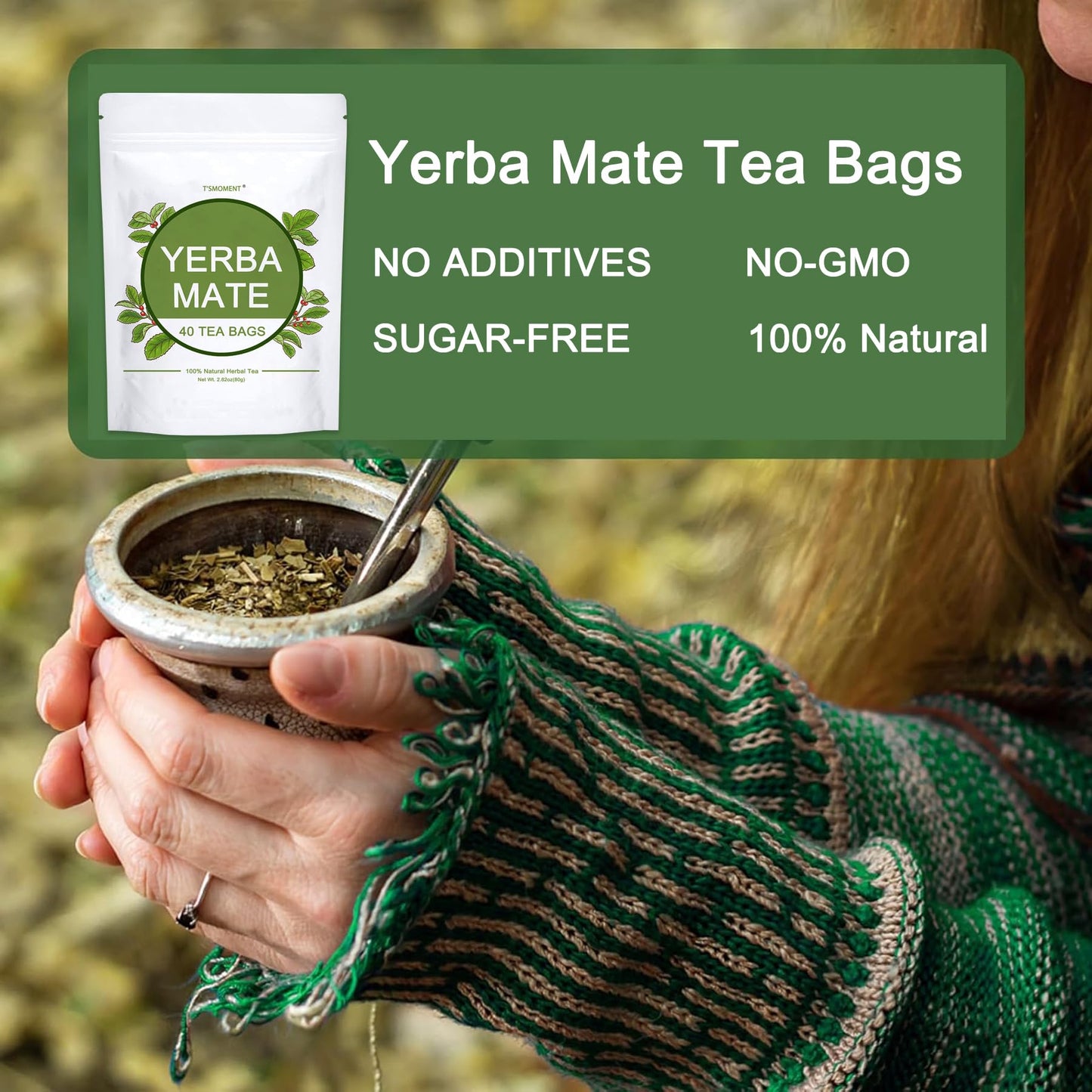 TSMOMENT Yerba Mate Tea Bags, Unsmoked & Air-Dried, Medium Caffeine, 40 Count