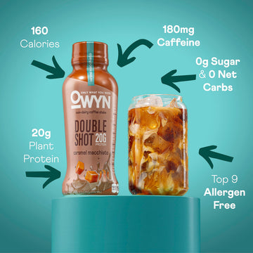 OWYN Double Shot Protein Coffee Shake, Caramel Macchiato, 20g Plant-Based Protein, 180mg Caffeine, 12 Fl Oz (Pack of 12)