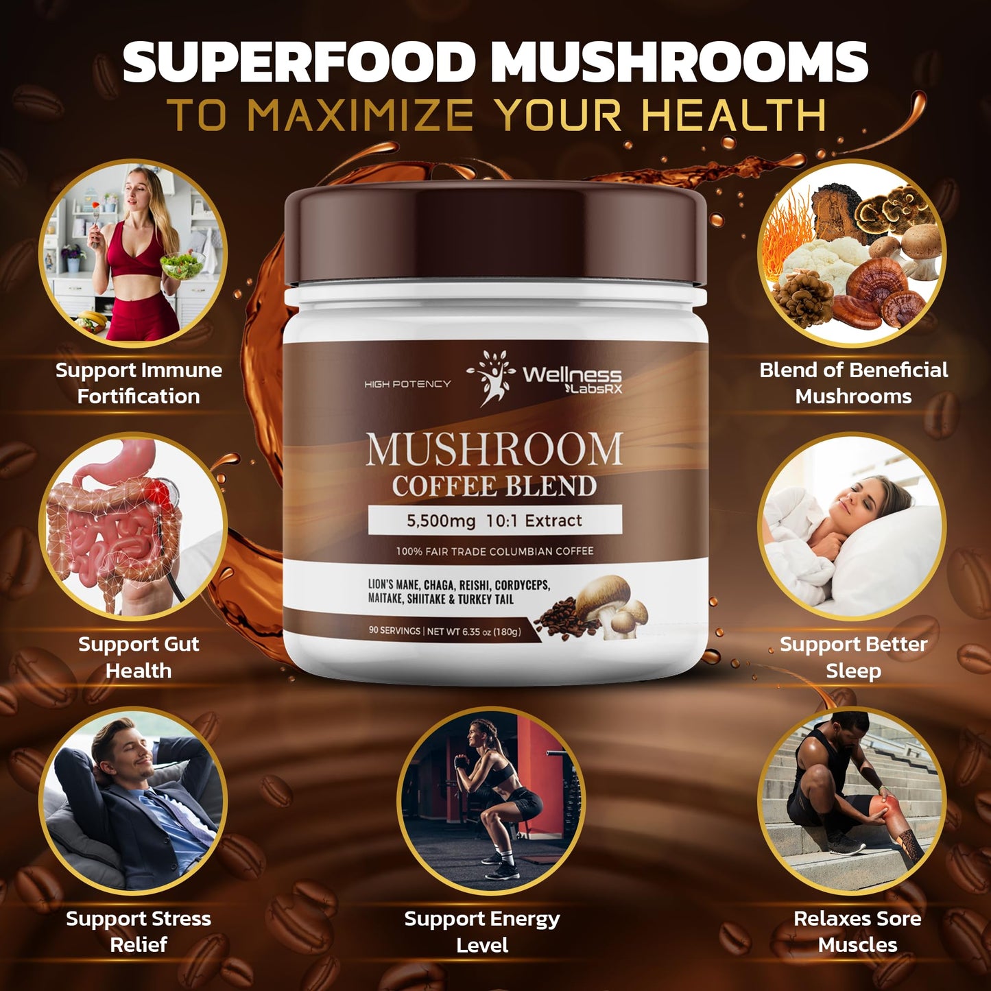 Mushroom Coffee, Organic Mushrooms Instant Coffee, Great Tasting Columbian Coffee, Organic Keto Coffee, 7 Superfood Mushrooms Li