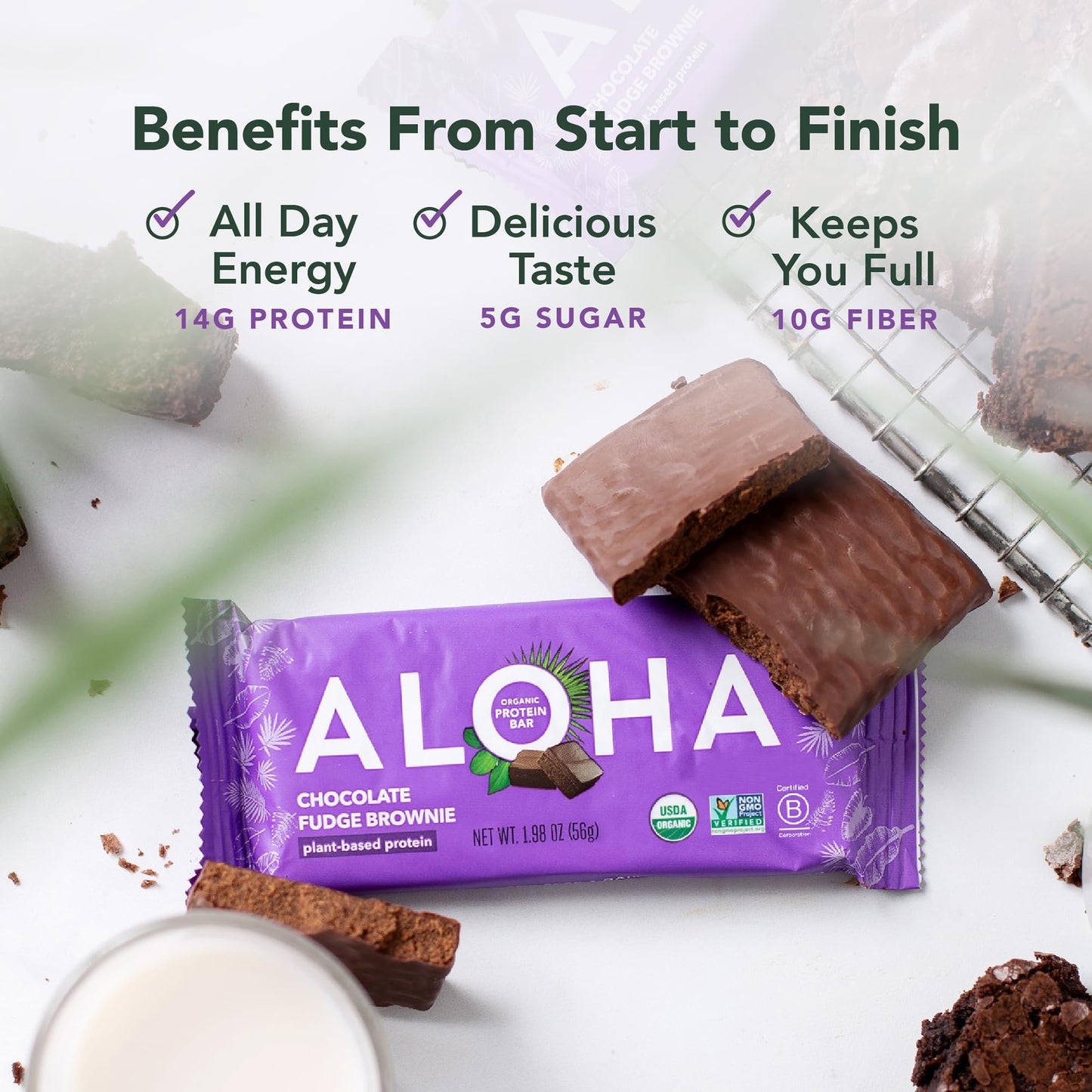 ALOHA Organic Plant-Based Protein Bars | Chocolate Fudge Brownie | Vegan, Gluten-Free, Paleo, Low-Carb, Non-GMO, Soy-Free, 12 Co