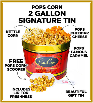 Pops Corn Gourmet Popcorn Gift Tin - Large 2 Gallon - Caramel, Cheese & Kettle Corn - Perfect Gift for Coworkers and Employees