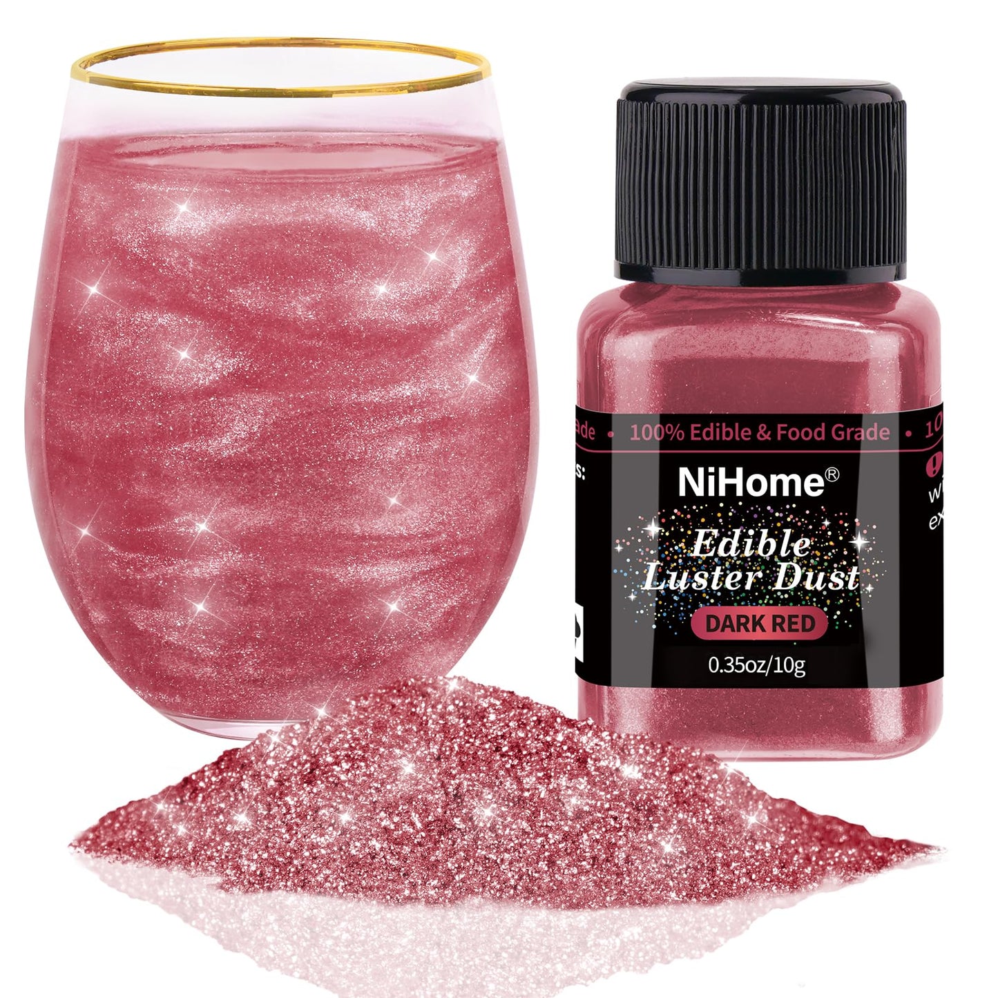 NiHome Edible Glitter Powder, Metallic Luster Dust, 10g/0.35oz, Dark Red, Vegan, Allergen-Free, Food Decorating Sprinkle