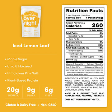 Oats Overnight Iced Lemon Loaf - Vegan Overnight Oats with 20g Protein, 2.4 oz (16 Pack) - Gluten Free, Non-GMO