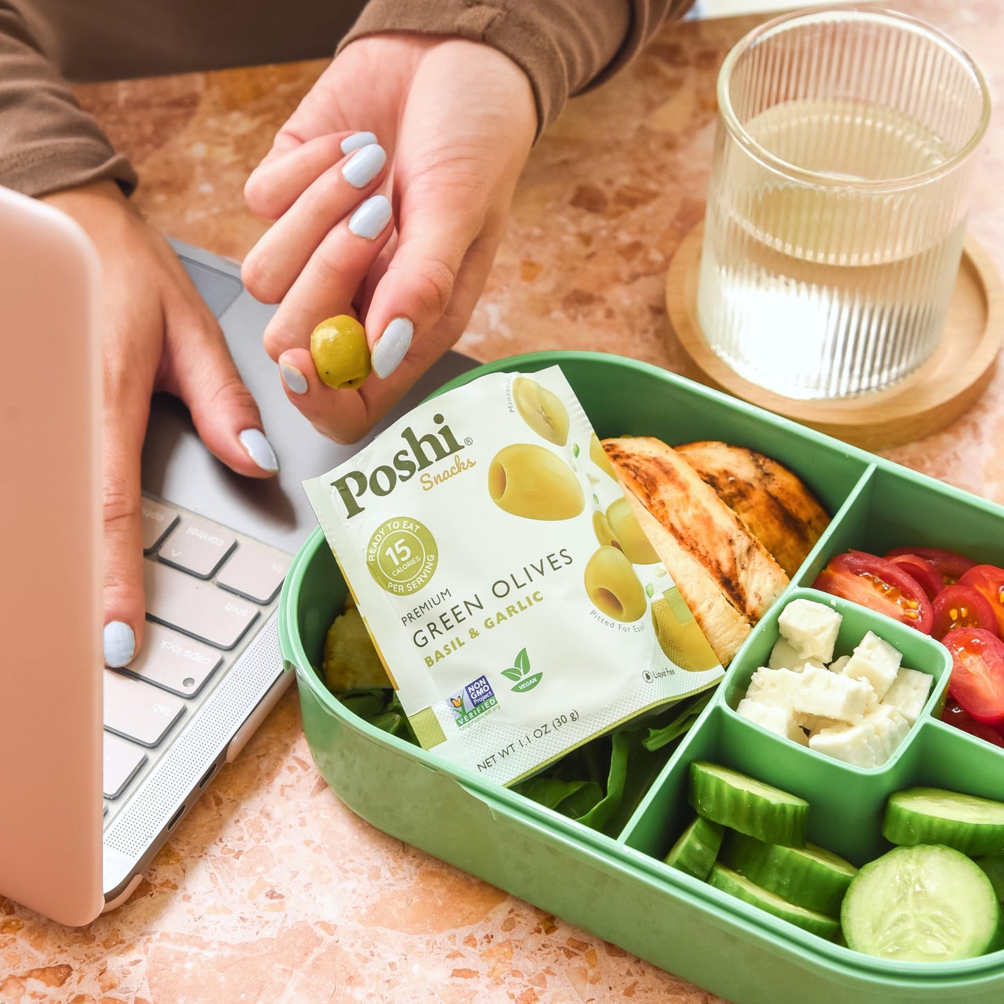 Poshi Natural Whole Pitted Olives | 24 Pack Variety | Basil & Garlic, Chili & Oregano, Chili + Garlic, Lemon & Rosemary | Vegan,