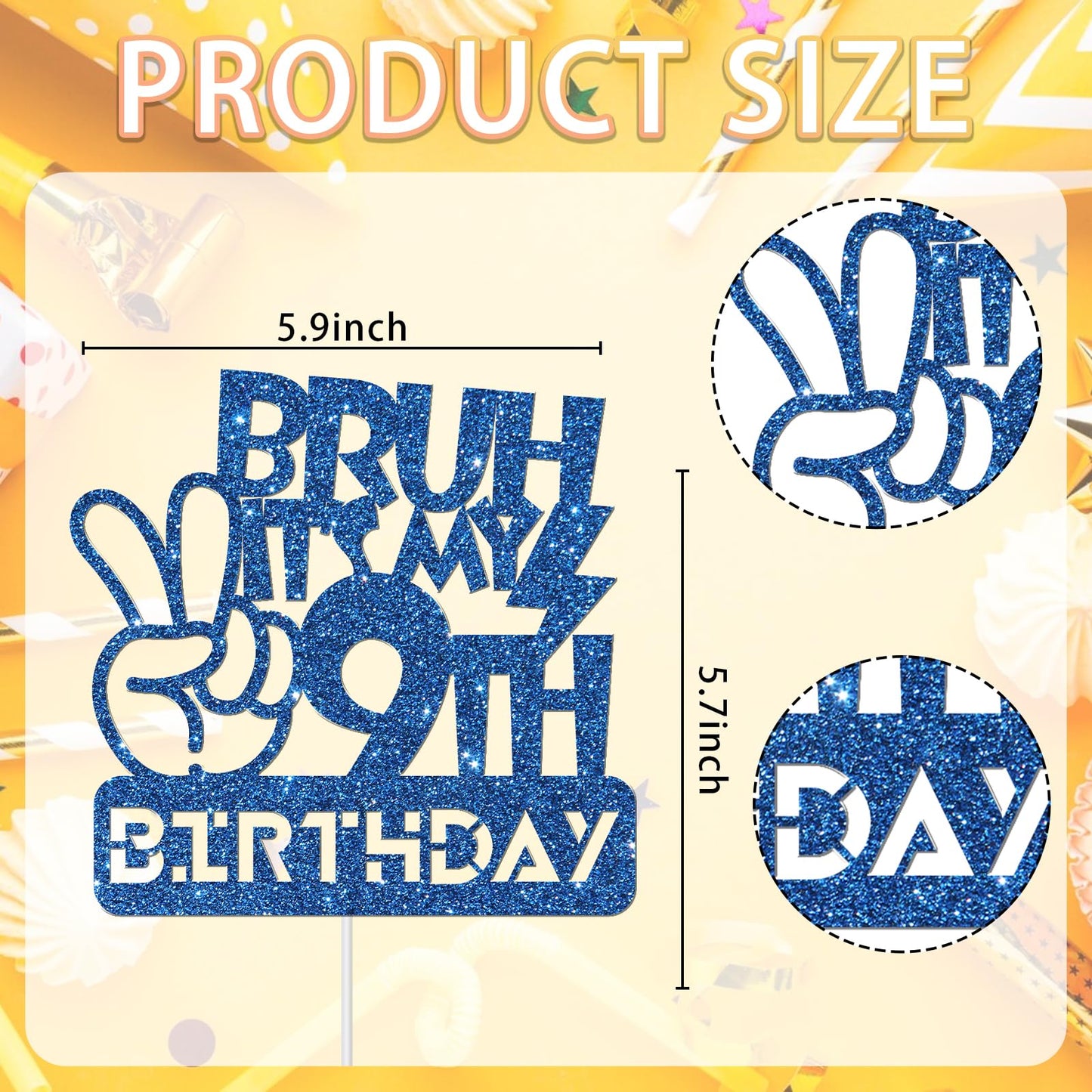 Embhhor Bruh It'S My 9Th Birthday Cake Topper, Dude Bro I'M 9, Boys Happy 9Th Birthday Cake Decor, Blue Glitter (9Th)