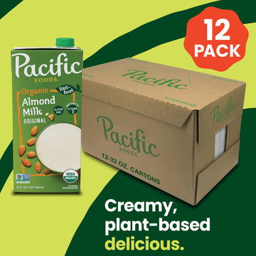 Pacific Foods Original Organic Almond Milk, Plant Based Milk, 32 oz Carton (12 Pack)