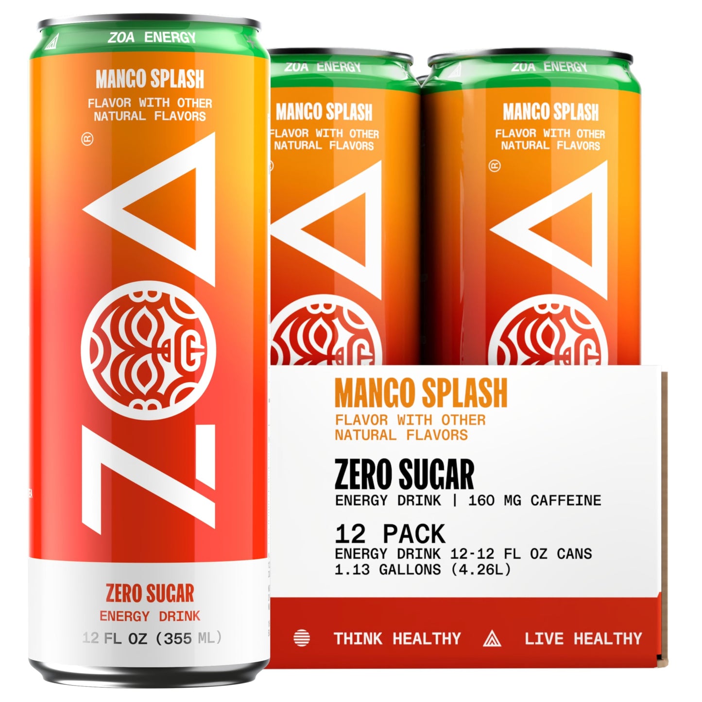 ZOA Zero Sugar Energy Drink, Mango Splash, Sugar Free, with Electrolytes, 12 Fl Oz (Pack of 12)