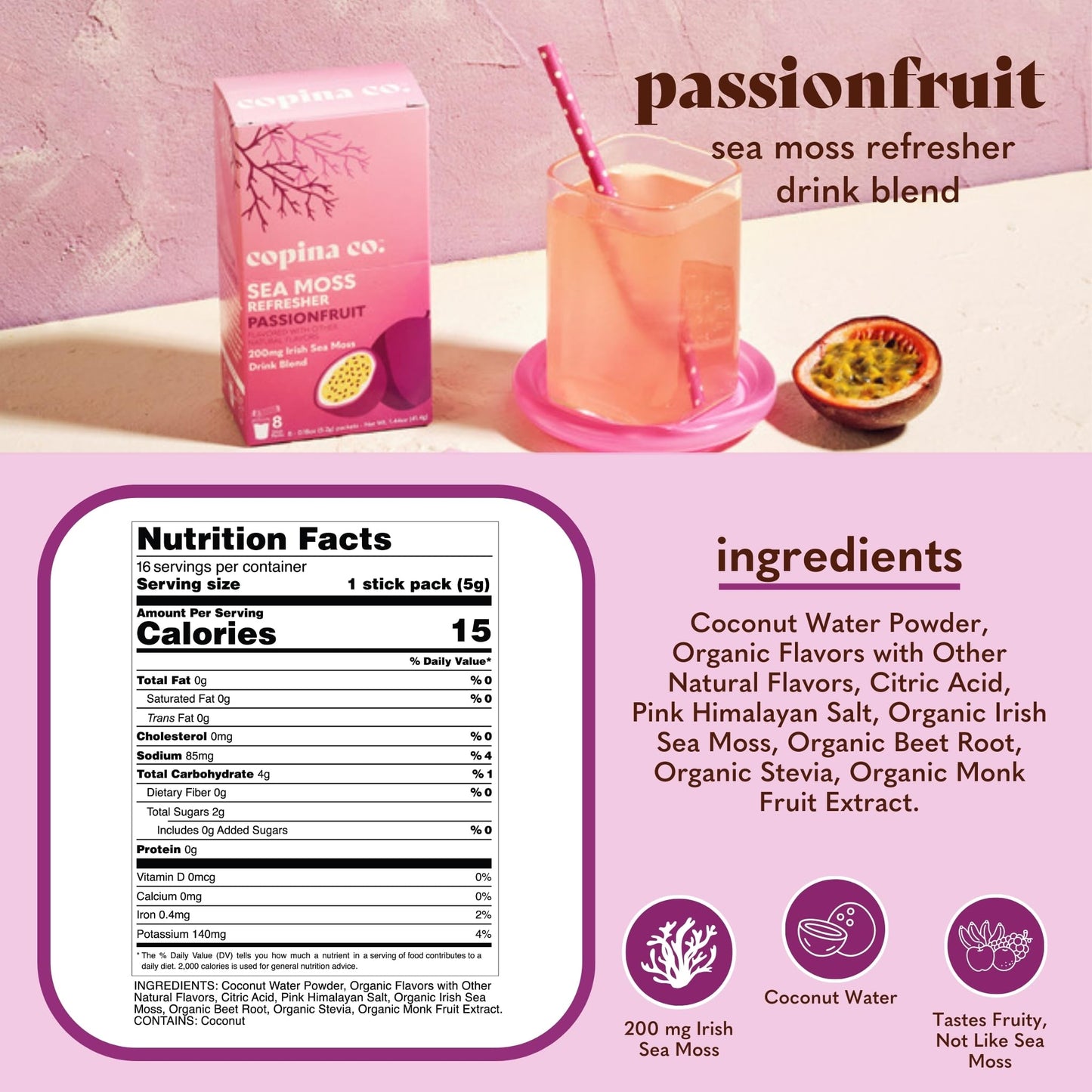 Organic Irish Sea Moss Powder 200mg Packets for Gut Health and Immune Support - Passionfruit Flavored Seamoss Drink with Coconut