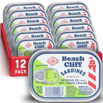 Beach Cliff Wild Caught Sardines In Soybean Oil With Hot Green Chilies, 3.75 Oz Can (Pack Of 12) - 17G Protein Per Serving - Glu