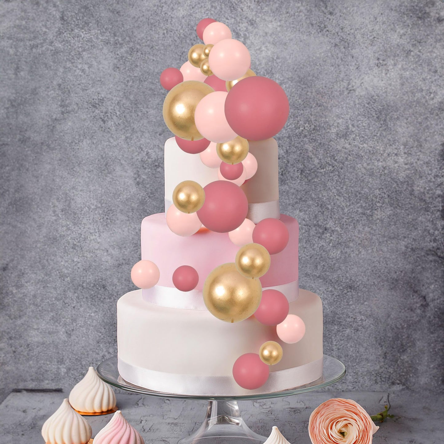 Gyufise 30Pcs Pink Gold Ball Cake Toppers Mini Balloon Cupcake Toppers Diy Foam Ball Cake Insert Decoration For Wedding Annivers