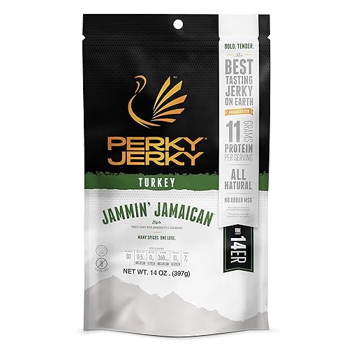 Perky Jerky Jammin' Jamaican Turkey Jerky, 14Oz - Low Sodium - 11G Protein Per Serving - Low Fat - 100% U.S. Sourced - Tender Te