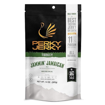 Perky Jerky Jammin' Jamaican Turkey Jerky, 14Oz - Low Sodium - 11G Protein Per Serving - Low Fat - 100% U.S. Sourced - Tender Te